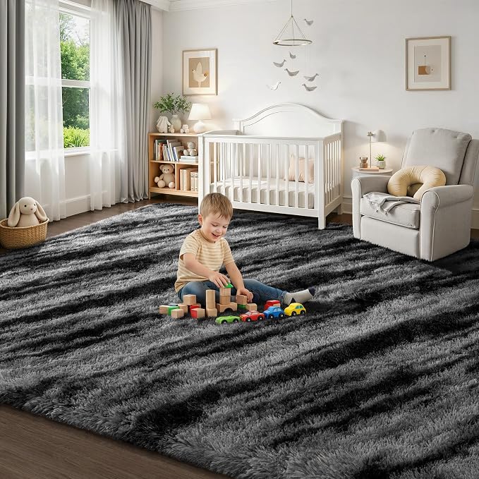 Deerhoo Large Shag Area Rugs 5 x 8, Tie-Dyed Plush Fuzzy Rugs for Living Room, Ultra Soft Fluffy Furry Rugs for Bedroom, Anti-Skid Indoor Carpet Nursery Rugs for Kids Room Home Decor, Black Grey