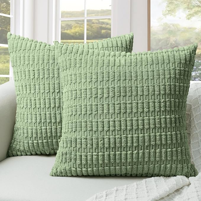 Softalker Sage Green Throw Pillow Covers Set of 2, Solid Color Corduroy Soft Plush Decorative Square Cushion Covers for Couch Sofa, Summer Rustic Farmhouse Boho Home Decor, 16 x 16 Inch