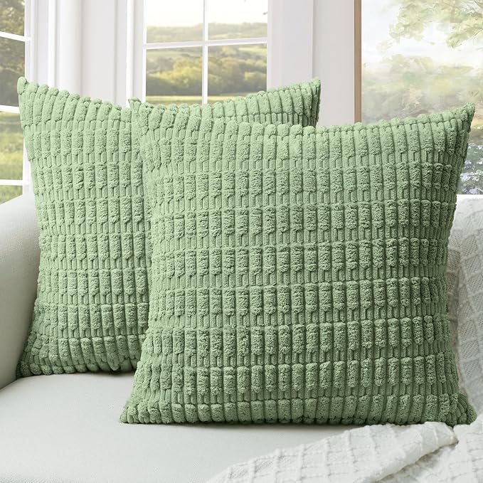 Softalker Throw Pillow Covers 18 x 18 Inch, Set of 2, Corduroy Soft Striped Farmhouse Boho Pillow Cover, Modern Decorative Cushion Pillow Case for Couch Sofa Bedroom Living Room, Sage Green