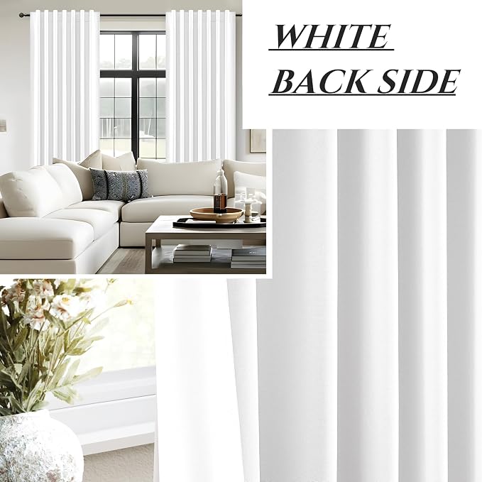 Bright White Blackout Patio Door Curtains 90 Inches Long 2 Panels Set, Cute White Cottage Core Pleated Thick Linen Curtain for Kids Bedroom Nursery Windows Room Darkening Insulated Drapes Back Tab