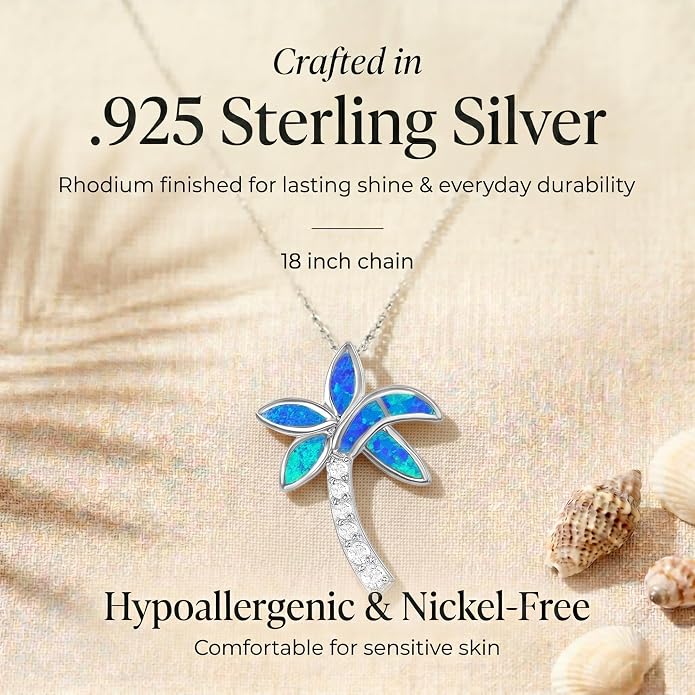 Created Blue Opal Ocean Necklace for Women, 925 Sterling Silver Pendant, 18 Inch Chain, Beach and Sea Life Jewelry Collection