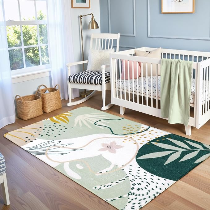 Lahome Green Botanical Print Small Throw Rugs Modern Abstract Non-Slip 3x5 Minimalist Art Area Rug Accent Distressed WashableFloor Carpet for Living Room Bedroom Entryway