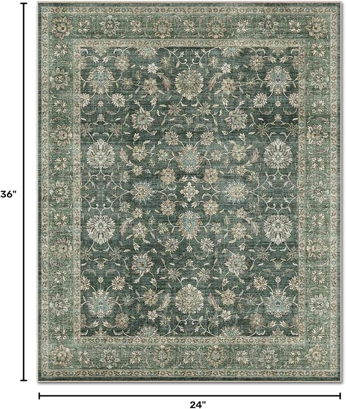 Washable 2x3 Entryway Rug, Boho Vintage Non-Slip Door Mat, Sage Green | 0.3" Neutral Throw Small Rugs for Bedroom Kitchen Nursery Entrance, Cushioned for High-traffic Area
