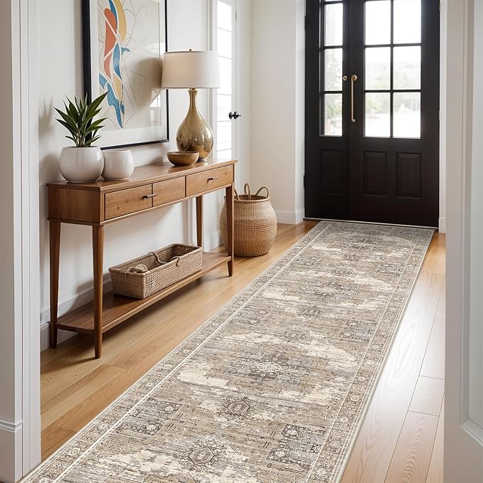 RUUGME Washable 3X14 Runner Rugs - Large Boho Rugs for Living Room Stain Resistant Carpet Vintage Tribal Rugs for Bedroom Kitchen Bathroom Non Slip Backing Home Decor Floor Decoration Mat 3X14 Beige