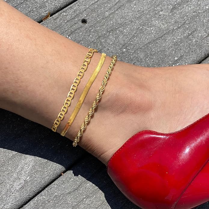 DEARMAY Gold Anklets for Women Waterproof, Non Tarnish14K Gold Plated Ankle Bracelets Set Stack, Summer Beach Jewelry Gifts for Vacation, Bikini Outfits for Women Mom Her