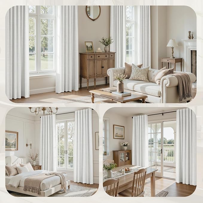 HOMEIDEAS 100% Blackout Faux Linen Curtains,Ivory White Modern Farmhouse Boho Curtains 96 Inches Long 2 Panels, Rod Pocket & Back Tab for Vintage Living Room,Bedroom Decor