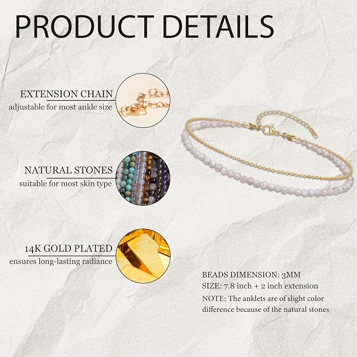 Ankle Bracelet for Women, Dainty 18k Gold Natural Stone Beaded Anklet Adjustable Double Ankle Chain Waterproof Summer Boho Foot Jewelry Birthday Anniversary Graduation Gifts