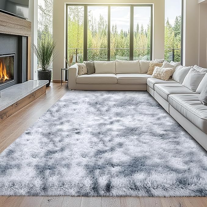Tie-Dyed Light Grey 10x12 Living Room Rug - Shag Modern Luxury Carpet | Subtle Tie-Dyed Pattern - Soft Neutral Tones - Plush Shaggy Texture - Brightens and Softens Any Space