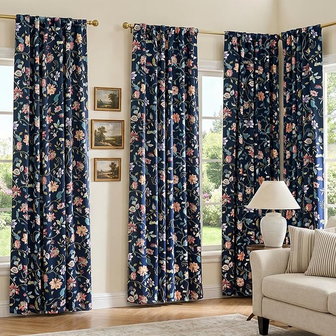 jinchan Dark Blue Floral Blackout Curtains 84 Inch Back Tab 2 Panels | Room darkening, light blocking, elegant vintage drapes, botanical floral print, bedroom, living room, window treatment