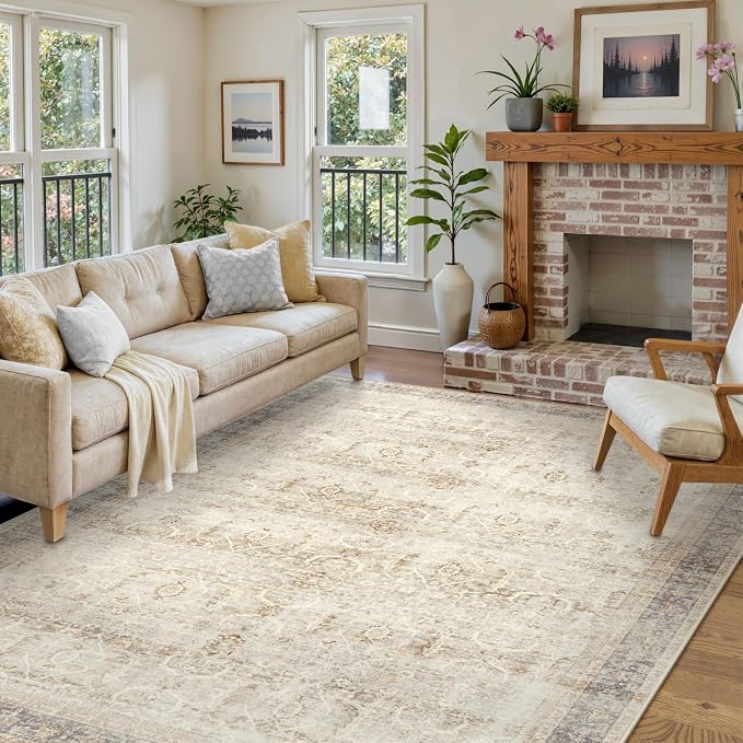 Collive Large Area Rug for Living Room 9x12, Washable Area Rug 9x12 Non Slip Vintage Farmhouse Bedroom Carpet Stain Resistant Ultra-Thin Low Pile Aesthetic Print Floor Rug for Dining Office - Tan