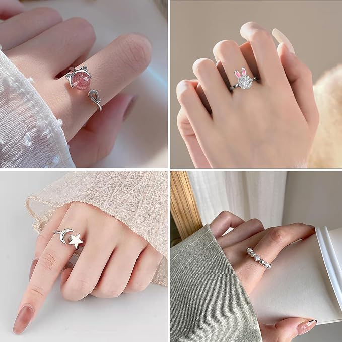 6 Pcs Fidget Anxiety Rings for Women Men Adjustable Spinner Rings for Anxiety Relieving Stress Open Silver Cubic Zirconia Moon Star Sun Bead Rotatable Rings Calm Anti Anxiety Fidget Jewelry