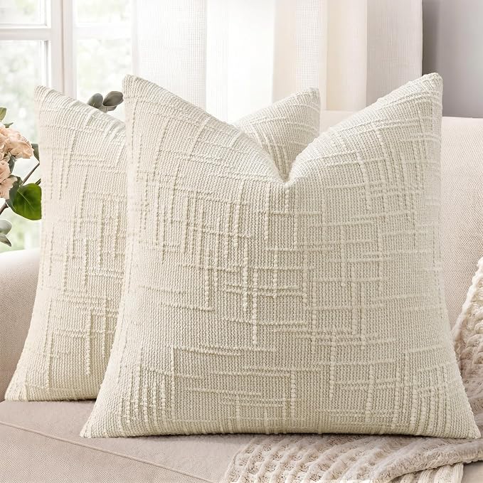 decorUhome Textured Chenille Throw Pillow Covers 16x16 Set of 2 Light Cream | Fall Modern Farmhouse Soft Cozy Slubby Couch Pillow Cases Boho Decorative Pillow Cases for Bed Sofa Living Room Home Decor