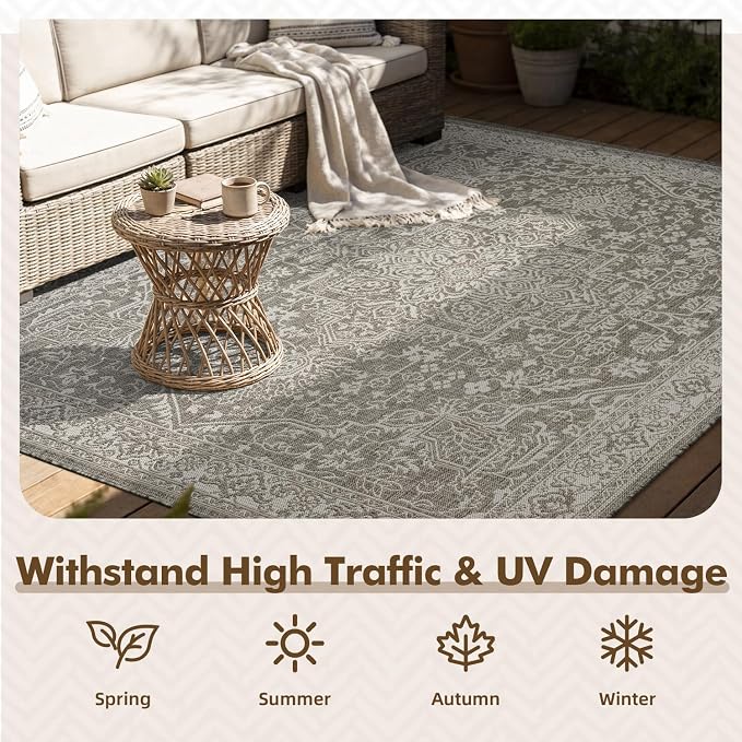 MontVoo-Outdoor Rug-Patio Rug 5x7 ft Polypropylene Indoor Outdoor Rugs Carpet for Patio Deck Balcony Porch, Textured Weave, Durable for High Traffic, Fade-Resistant, Vintage Medallion Silver Grey