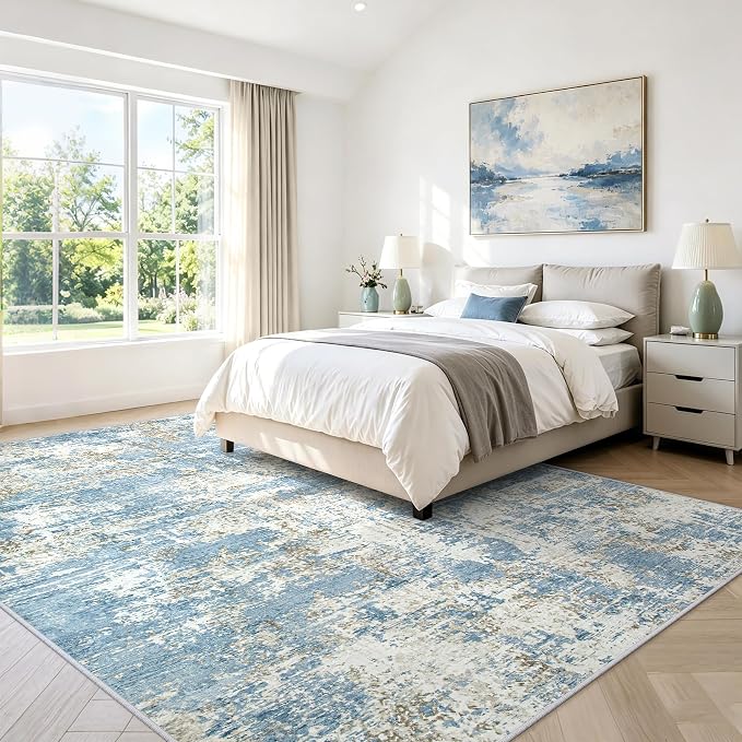 8x10 Area Rugs Living Room Rug Modern Abstract Neutral Washable Rugs Non Slip Soft Carpet Large Area Rug Low Pile Stain Resistant Non Shedding for Bedroom Nursery Dining Room Home Office Blue