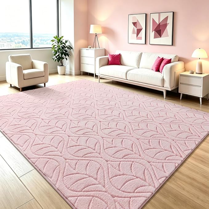 Macgace Ultra Soft Area Rug for Living Room, 5x7 Pink Geometric Shag Rugs | Washable Non-Slip Backing Medium Pile Modren Fuzzy Carpet for Kids Room, Girls Bedroom, Classroom, Dorm