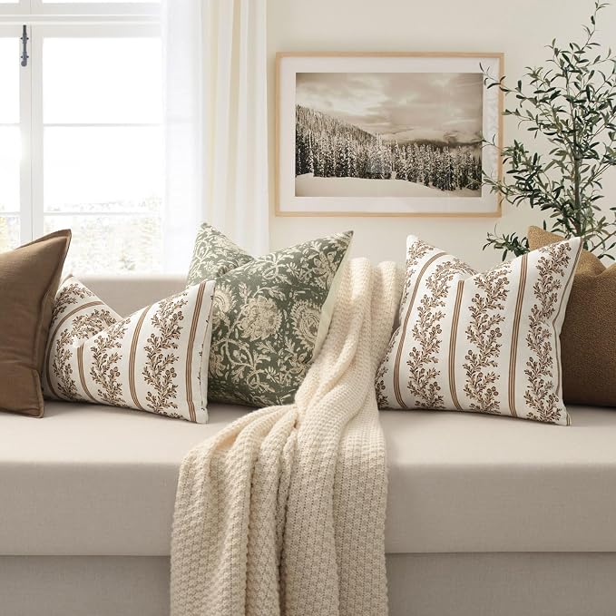 Vintage Throw Pillow Covers 20x20 Set of 2, Striped Floral Pillow Cover Botanical Patterned Decorative Cushion Covers Modern Farmhouse Home Decor for Sofa Couch Bed Living Room, Mocha Brown