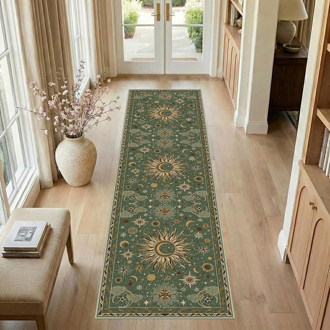 Vacuum-Friendly, 2x8 Washable Area Rug, Green Brown | Sun and Moon Boho Gothic Non-Slip Low Pile Living Roon Bedroom Dining Room Kitchen Entry Entryway Entrance Hallway Doormat