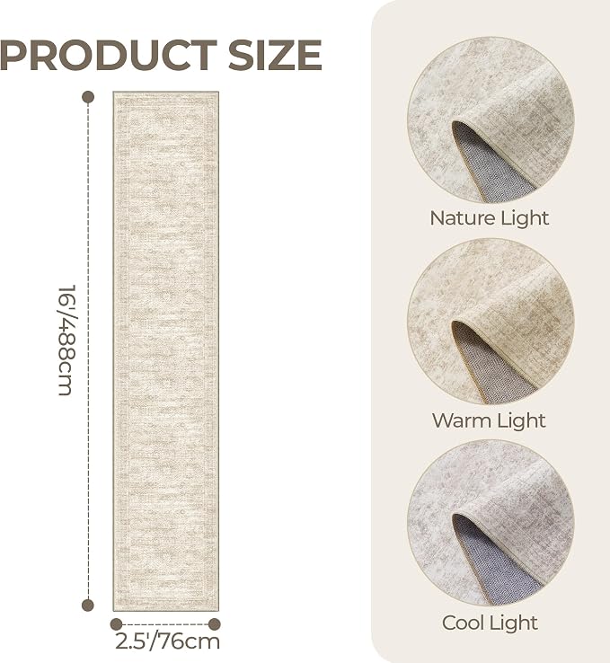 2'6 x 16' Runner Rug Non Slip,Washable Kitchen Rugs,Beige | 16ft Runner Rug for Hallway,Entryway,Bedroom,Living Room,Thin,Soft, Extra Long Rug,Stain Resistant Indoor Carpet