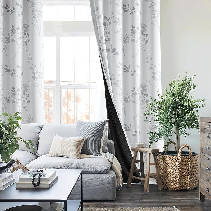 Beauoop Floral 100% Blackout Curtains for Bedroom Grey White 52X72 2 Panels | Flower Patterned Room Darkening Drapes for Living Room 72 Inches Long Thermal Insulated Soundproof Window treatment Grommet