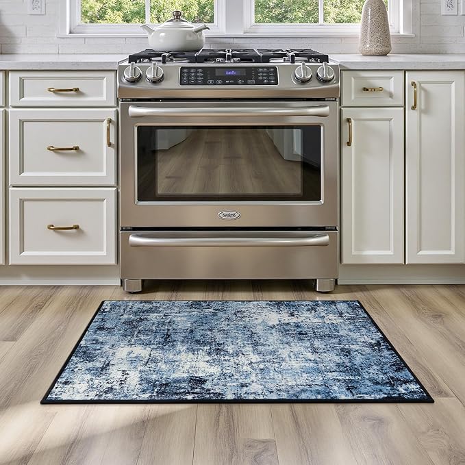 Rugflix 2x4 Entrance Rugs, Entry Rug Washable Non-Slip Stain-Resistant Low Pile Small Modern Dark Carpet, for Living Room Bedroom Indoor, Navy Blue/Black