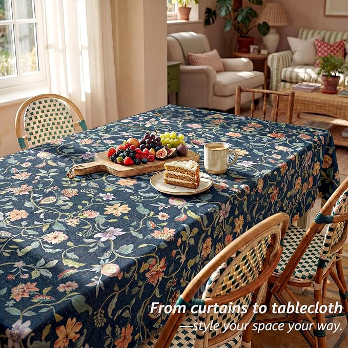 jinchan Dark Blue Floral Linen Curtains 84 Inch Vintage Back Tab 2 Panels | Farmhouse, cottage core, light filtering, semi sheer, drapes, privacy, living room, bedroom, window treatment, home decor