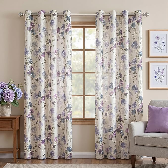 MYSKY HOME Floral Linen Curtains 90 inch Length 2 Panels Set for Living Room Patterned Semi Sheer Light Filtering Privacy Farmhouse Grommet Drapes for Bedroom Small Window, 52" Wide Each Panel, Purple