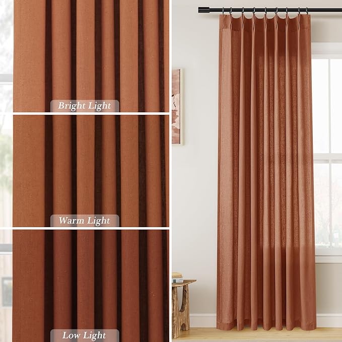Aersas Terracotta Pinch Pleat Linen Curtains 90 Inch Length 2 Panels Set for Bedroom Dinging Room Semi Sheer Boho Farmhouse Neutral Window Curtains 90 Inches Long for Living Room Nursery 40x90