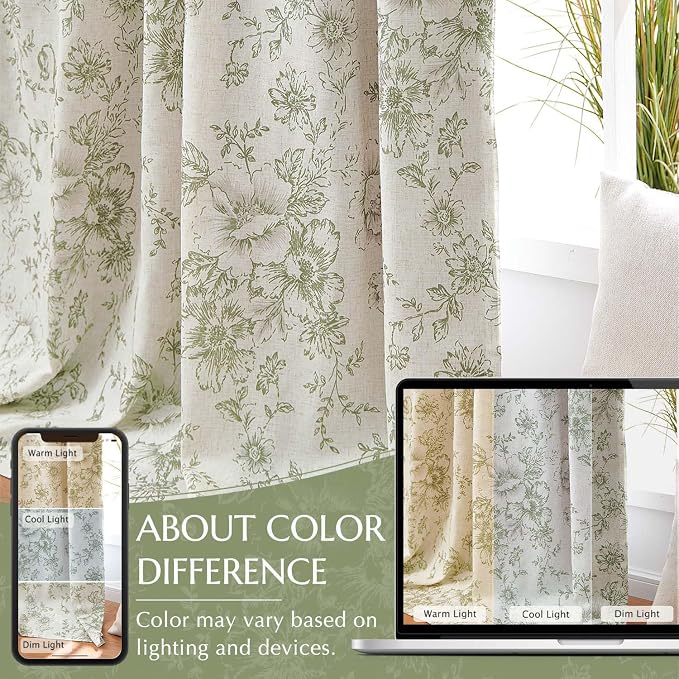 jinchan Green Floral Linen Blackout Curtains 96 Inch Back Tab 2 Panels | Blackout lining, room darkening drapes, farmhouse, vintage, cottagecore, rustic, bedroom, living room, window treatment