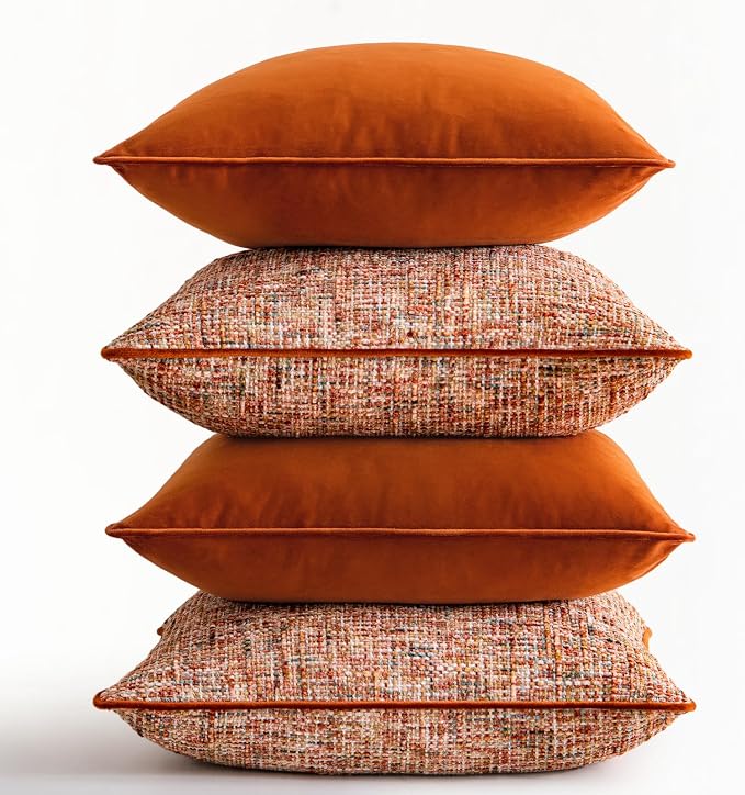 a moment Orange 4 Pack Throw Pillow Covers - Chenille & Velvet Set with Piping, Farmhouse Textured Design Pillow Cases for Couch Sofa Bed Livingroom (22x22 Inch, No Insert)