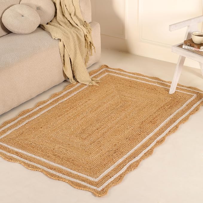 Natural Scalloped Wave Jute Rug Rustic Handwoven Braided Living Room 4x6 ft
