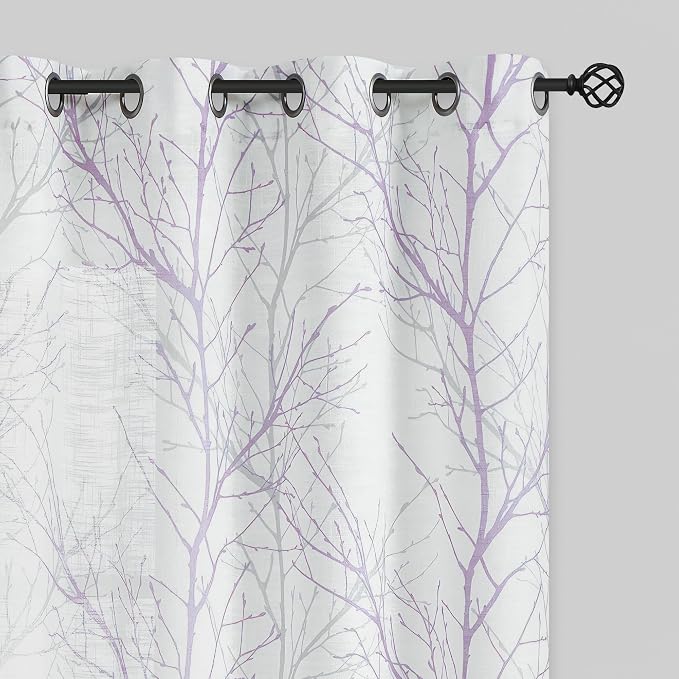 FMFUNCTEX Linen Lilac White Semi Sheer Print Curtains 96 Inch Long 2 Panels | Branch Sheer Patterned Drapes, Light Filtering Grommet Panels for Bedroom, Living Room, Basement, and Farmhouse Curtain