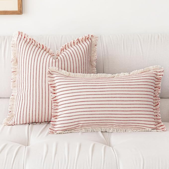 YEENAASY Throw Pillow Covers 22x22 Set of 2 Striped Fringe Pillow Cover Farmhouse Cushion Covers with Tassel Neutral Boho Pillows Decorative Square Pillowcase for Couch Sofa Bed, Red