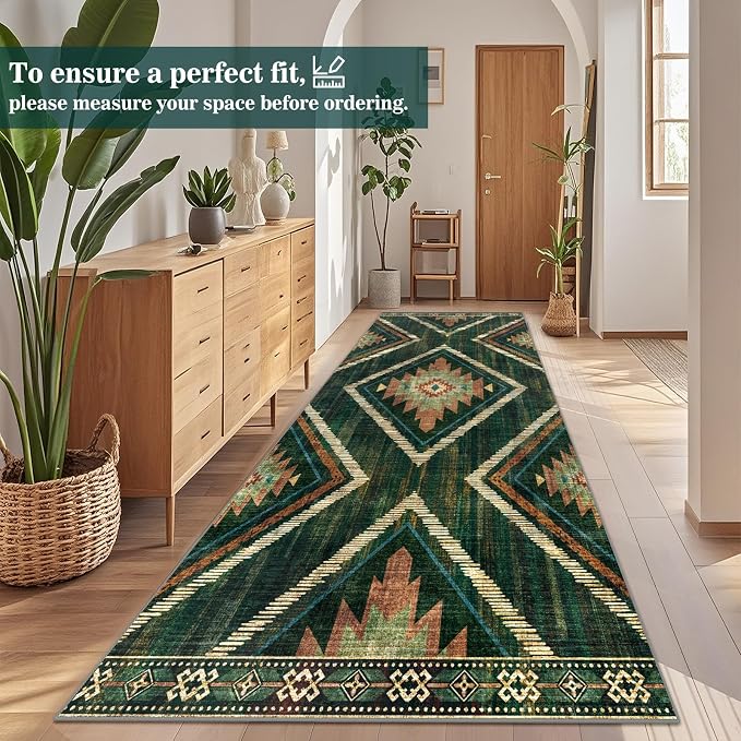 Boho 4x10Ft Area Rugs Runners for Hallway Non Slip, Green Geometric Washable Kitchen Rug Runner Non Shedding, Soft Moroccan Entryway Floor Carpets for Entrance Doorway Office Decor