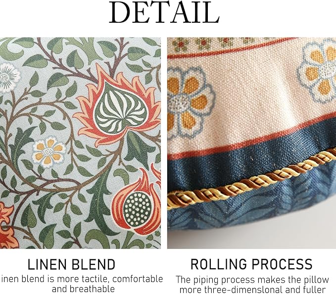 ISAENNE Vintage Linen Throw Pillow Cover,Set of 2,Diameter 16"-Naples B | Designer Elegant Round Pillow Cover,Concealed Zipper Design,Floral Pattern,Sofa,Bedroom,Living Room,Lounge Chairs