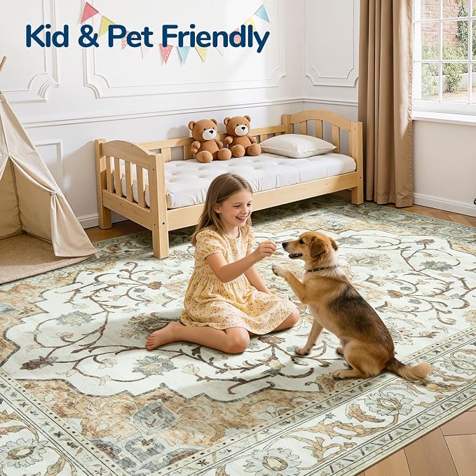 Lessymo Washable Area Rug for Living Room,8x10 Large Rugs with Non-Slip Backing,Soft Boho Carpets for Bedroom Dining Room Nursery Home Office,Light Beige