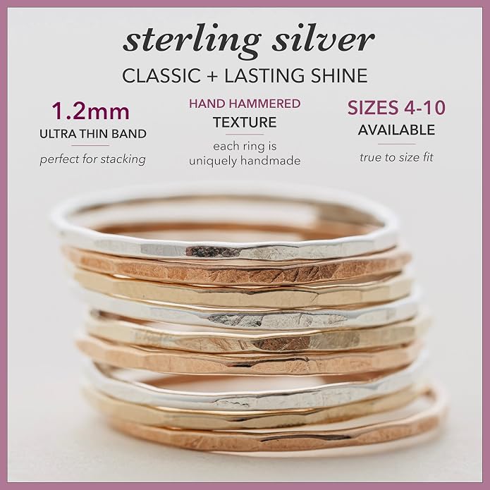Hammered Stacking Ring for Women, Dainty 1.2mm Minimalist Band, Sterling Silver, 14k Gold Filled or Rose Gold Filled, Thin Stackable Ring, Everyday Jewelry Gift