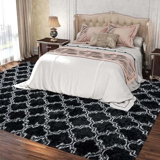 8x10 Area Rugs for Bedroom Living Room, Large Modern Black and White Rugs | Soft Fluffy Plush Geometric Rug Upgrade Non-Slip Shaggy Fuzzy Carpet for Playroom Teen Dorm Home Office Decor