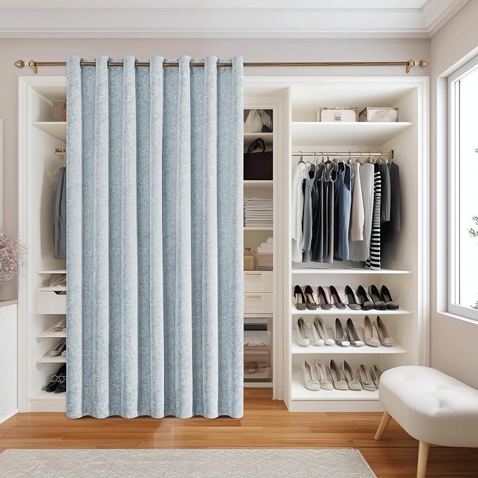 Beauoop Blue Floral Jacquard Blackout Sliding Door Curtains 100x84 1 Set | Flower Chenille Room Darkening Patio Curtains Extra Wide Room Divider Drapes Thermal Soundproof Window treatment Grommet