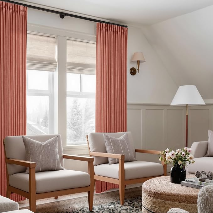 Red Clay Linen Pinch Pleated Curtains 108 Inches Long 2 Panels Firebrick | for Living Room Bedroom, Light Filtering Semi Sheer, Terracotta Autumn Fall Home Decor, Memory Trained Ceiling Floor Curtain