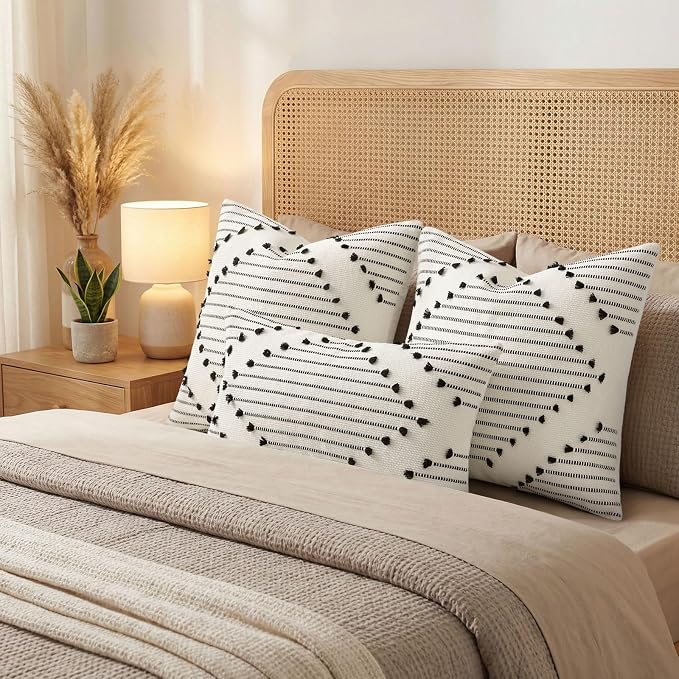 Mecatny Boho Summer Outdoor Throw Pillow Covers 12X20 Set of 2, Farmhouse Lumbar Pillow Covers for Couch Sofa Living Room, Black & Cream White