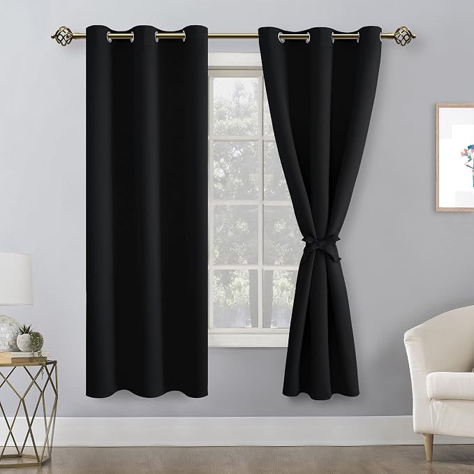 Hiasan Blackout Curtains for Bedroom and Living Room, Light Blocking, Noise Reducing Window Curtain Panels, Tiebacks Included, Set of 2, Grommet Top (Black, Width 42 Inch x Length 72 Inch)