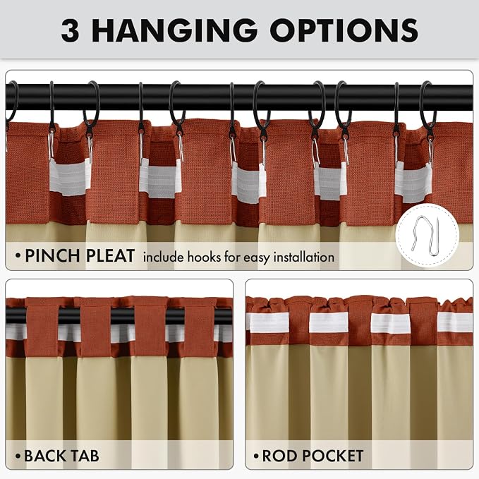 MIULEE Fall 100% Blackout Linen Curtains 42 x 63 Inch Burnt Orange 2 Panels | Thermal Insulated, Room Darkening Drapes for Bedroom Living Room, Back Tab Rod Pocket Pinch Pleated, Solid Luxury Decor