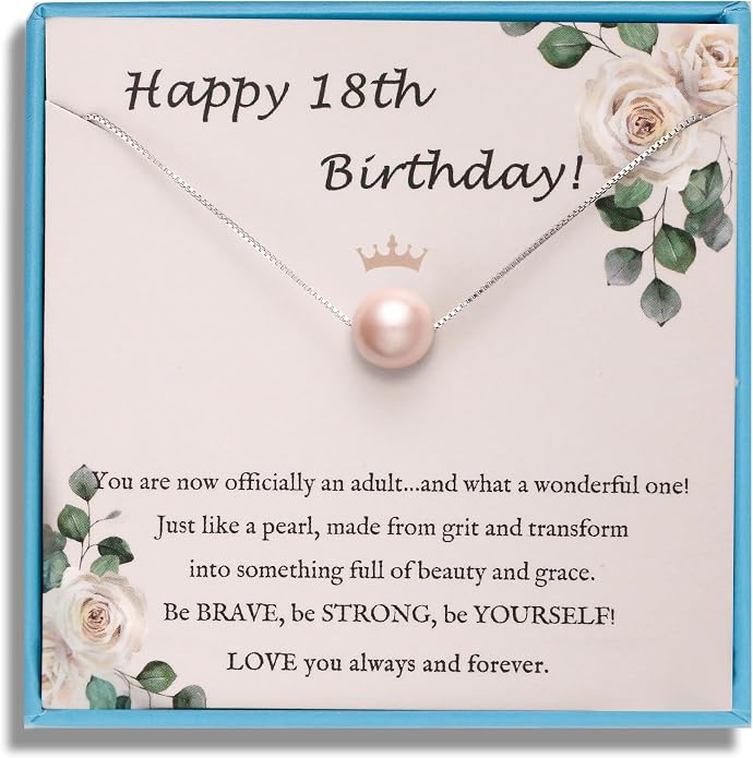 Sereney Sterling Silver Birthday Gifts for Girls Women, Pearl Necklace as 7 9 10 11 13 15 16 18 21 30 40 50 60 Year Old Birthday Gifts, Single Pearl Necklace as Bday Gifts for Friends
