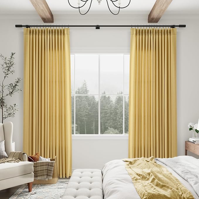 Yellow Pinch Pleated Linen Curtains 84 Inches Long 2 Panels Set Back Tab and Rod Pocket Living Room Curtain with Hooks Farmhouse Neutral Boho Light Filtering Drapes for Bedroom 40 Inch x 84 Inch