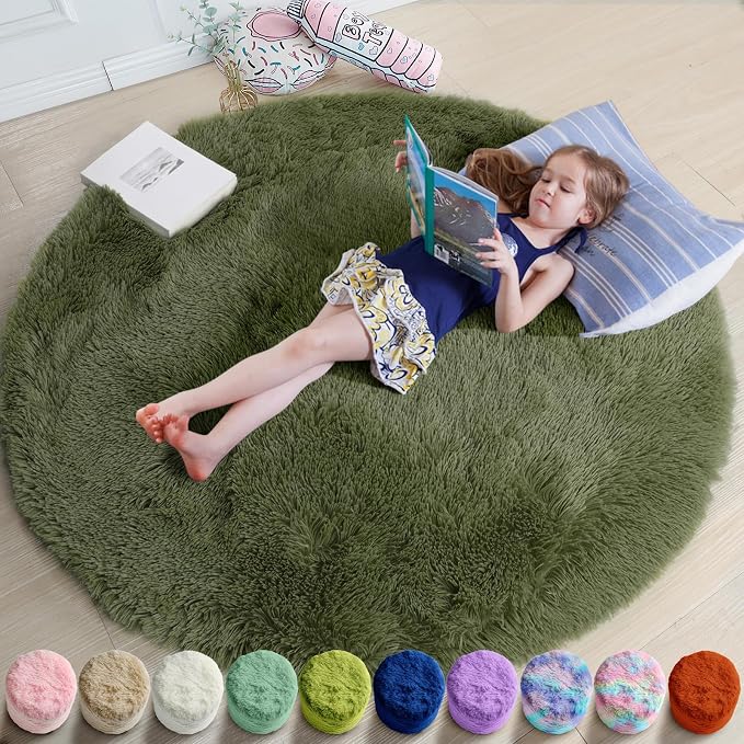 Amdrebio Olive Green Round Rug 4Ft for Bedroom Living Room, Fluffy Shaggy Modern Circle Area Rugs for Kids Room, Soft Plush Fuzzy Shag Carpet for Dorm Playroom Office Nursery Classroom, Home Decor