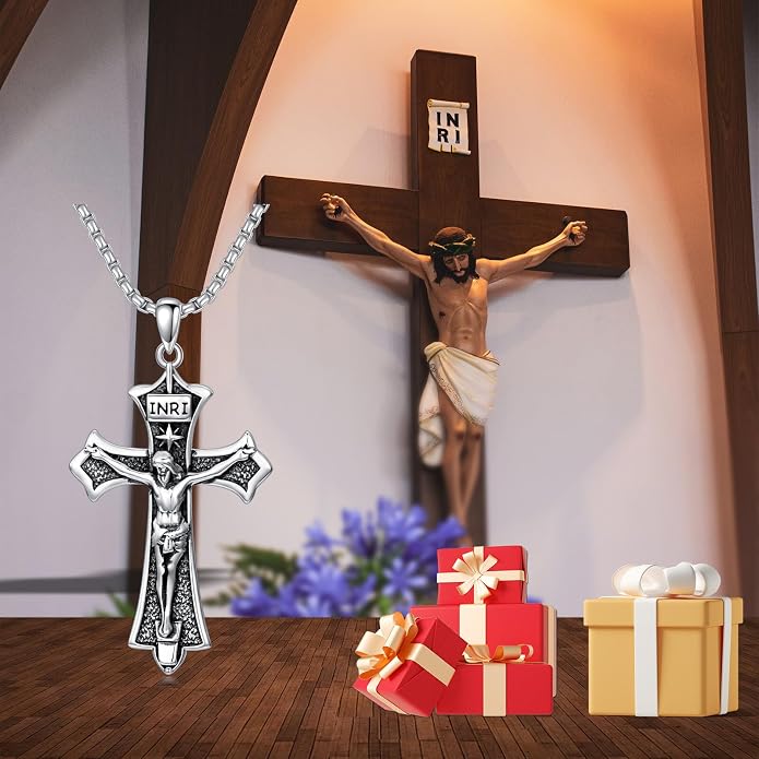 KXJ S925 Sterling Silver Black Cross/Best Dad/Baseball Bat/Silver Cross/Ankh Cross/Crucifix with 22+2 Inches Stainless Steel Rolo Chain Cross Necklace for Men Women Christian Religious Jewelry Gifts