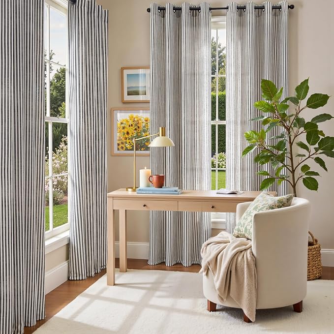 Vangao Linen Stripe Black Curtains Tickingstripe Light Filtering Window Curtains Pinstripe Printed on Beige Drapes 84 Inches Long for Living Room Bedroom Dorm 2 Panels