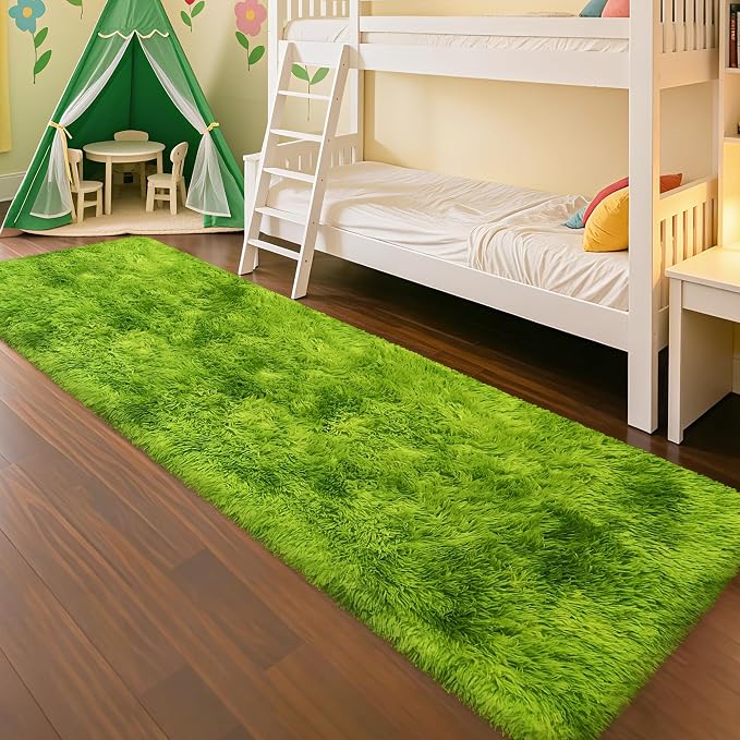 2x10 Feet Tie-Dye Green Shag Fluffy Rug for Bedroom, Soft Fuzzy Plush Long Runner Carpet, Cute Grass Green Runner for Hallway, Kids Girls Room, Baby Nursery, Teen Dorm, Home Decor Aesthetic