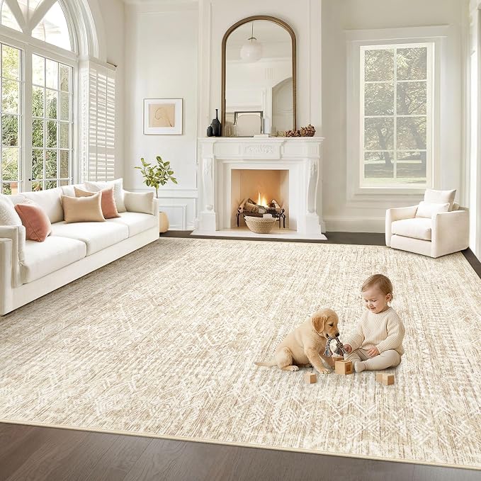 Living Room Rugs 10x14: Washable Moroccan Geometric Boho Rug Farmhouse Non Slip Stain Resistant Large Rug Low Pile Soft Carpet for Bedroom Dining Room Kids Room (Beige,10x14)