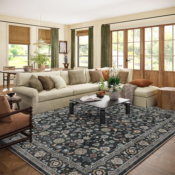 Washable Area Rugs for Living Room: 8x10 Bedroom Rug Vintage Boho Area Rug Stain Resistant Non Slip Low Pile Lightweight Soft Carpets for Living Room Dining Room Kitchen Nursery Kids Room Farmhouse